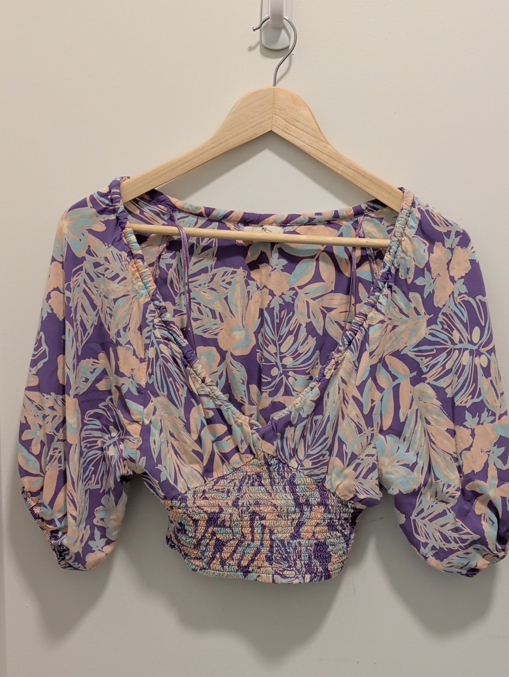 Rip Curl Purple Floral Smocked V-Neck Crop Top